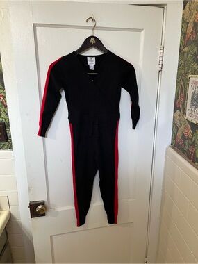 NWT Madeleine Thompson x AQUA Girls Black Red Track Stripe Knit Jumpsuit - S